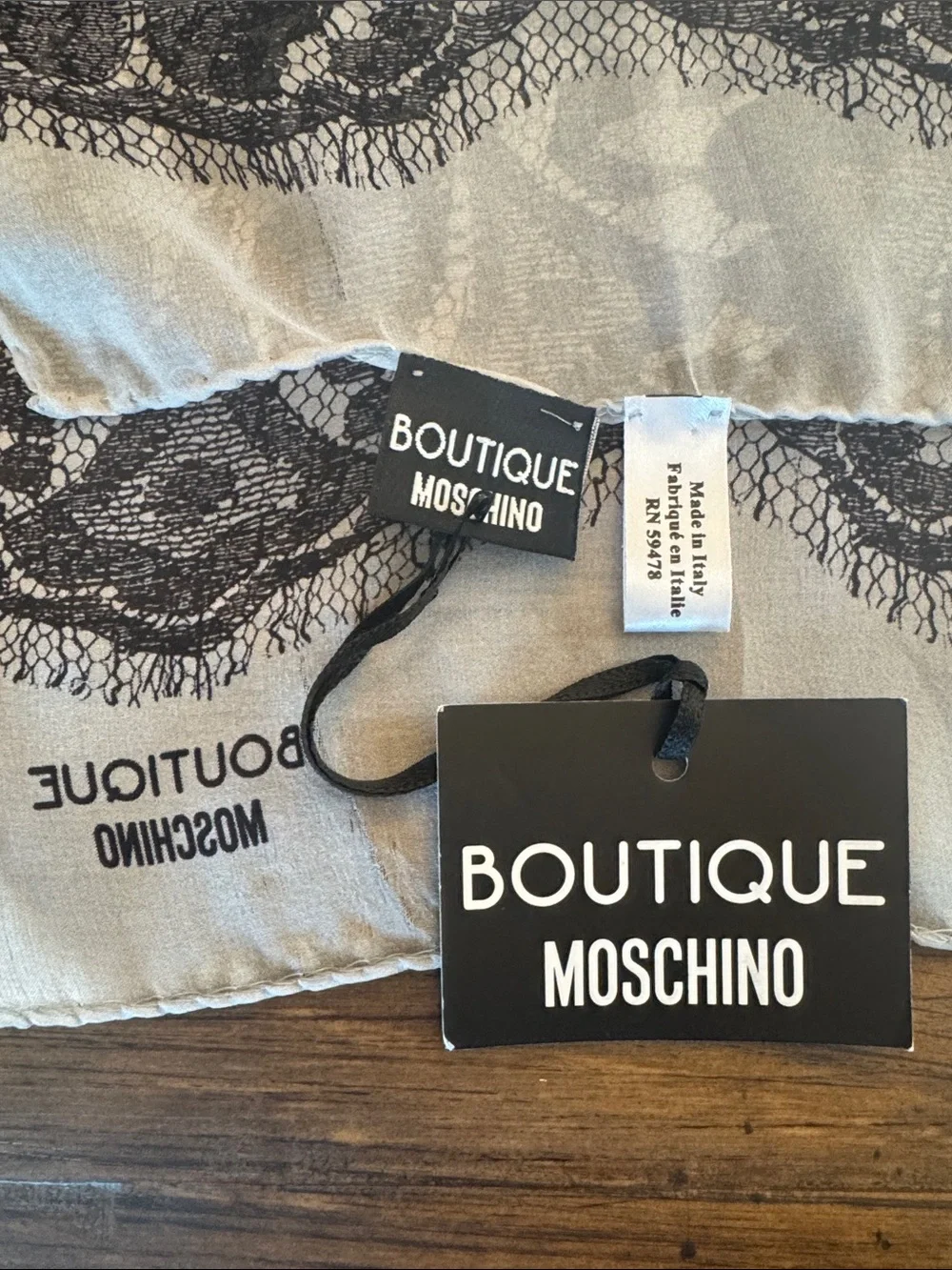 NWT Boutique Moschino Luxury Silk Scarf Black Gray Romantic Floral Lace Motif